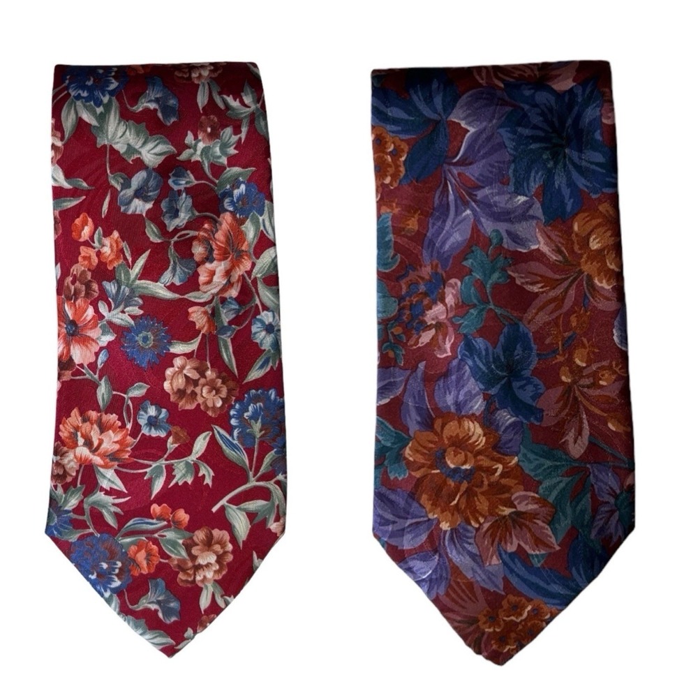 2 - LONDON FOG Floral Neck Ties Multicolor Satin 4" Wide 56" Long Standard Size